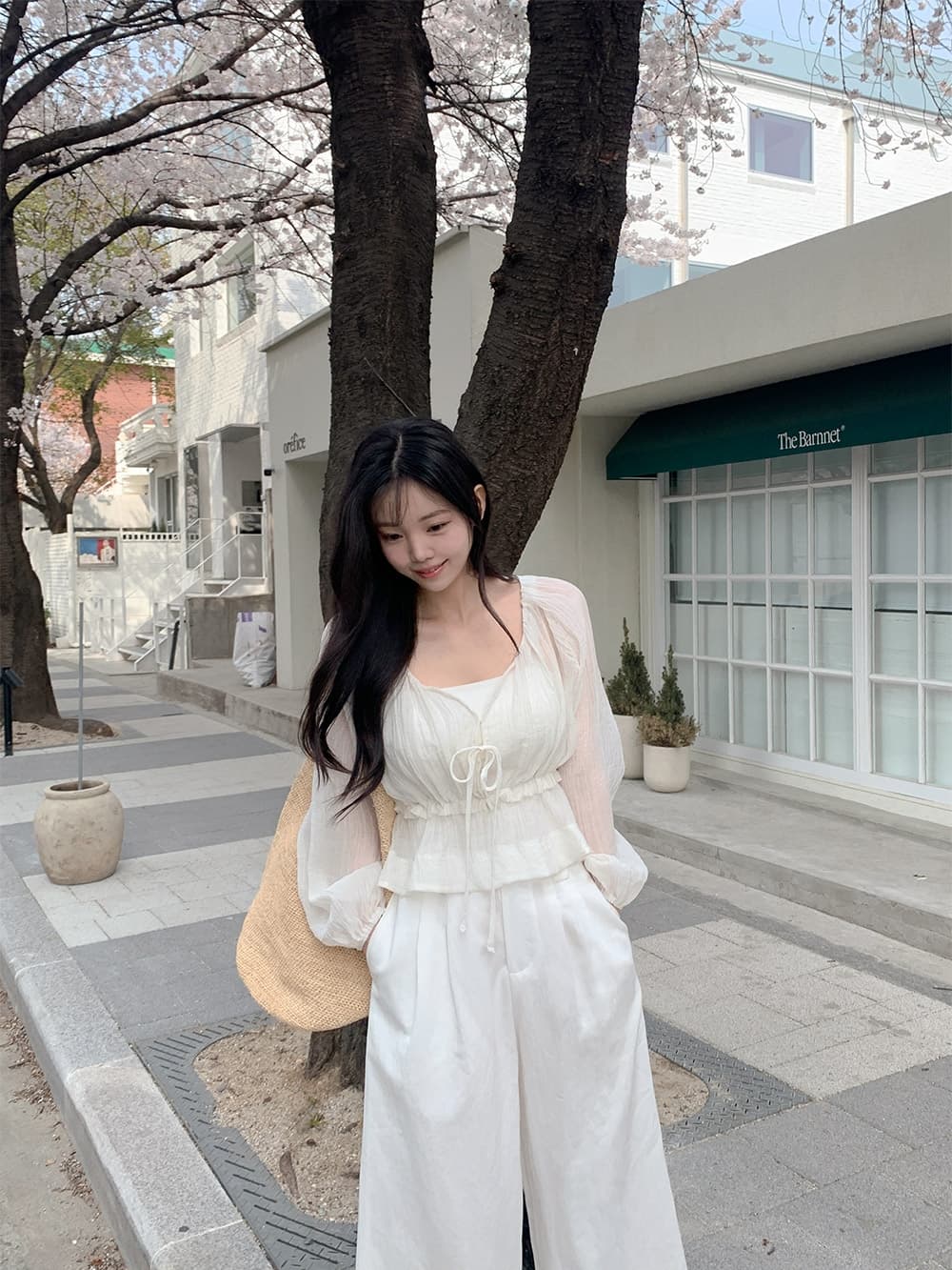 chic 한 부서 프랑스식 부드러운 V넥 달콤함 주름 장식 허리 수축 슬림해 보이는 얇은 스타일 자외선 차단 쉬폰 블라우스 맨위 상세 이미지 4