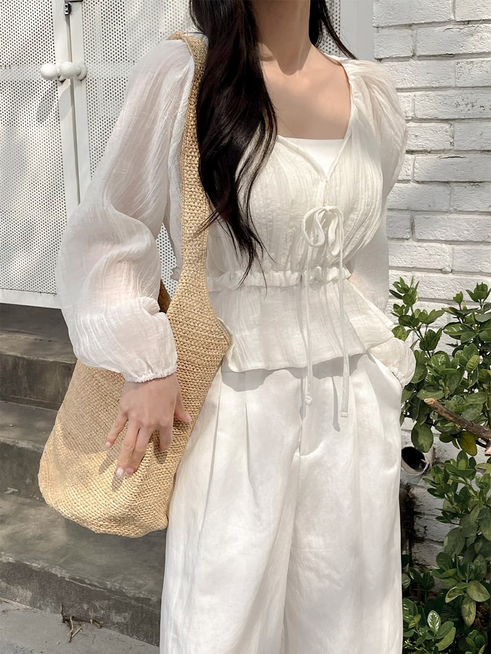 chic 한 부서 프랑스식 부드러운 V넥 달콤함 주름 장식 허리 수축 슬림해 보이는 얇은 스타일 자외선 차단 쉬폰 블라우스 맨위 상세 이미지 13