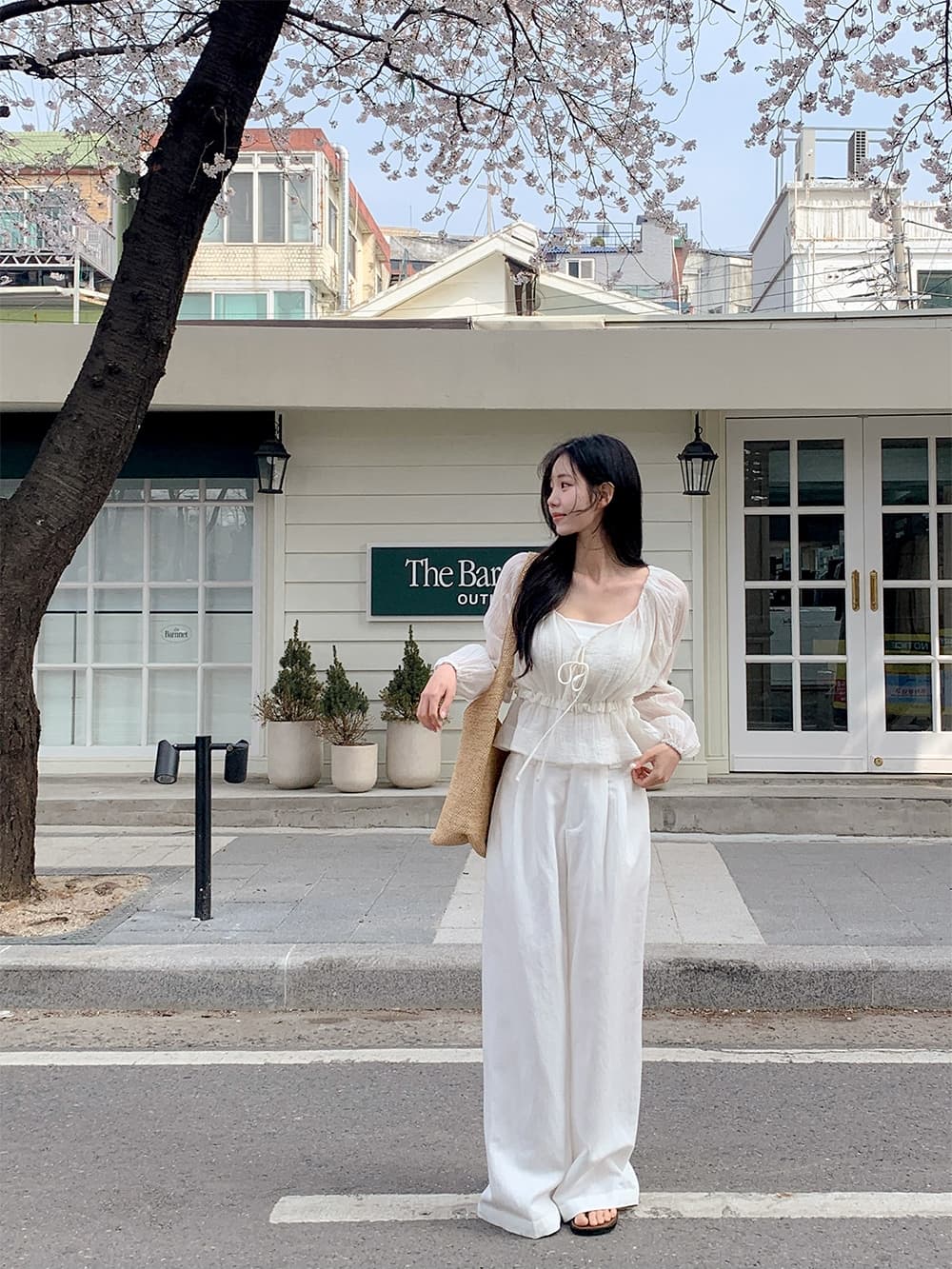 chic 한 부서 프랑스식 부드러운 V넥 달콤함 주름 장식 허리 수축 슬림해 보이는 얇은 스타일 자외선 차단 쉬폰 블라우스 맨위 상세 이미지 16