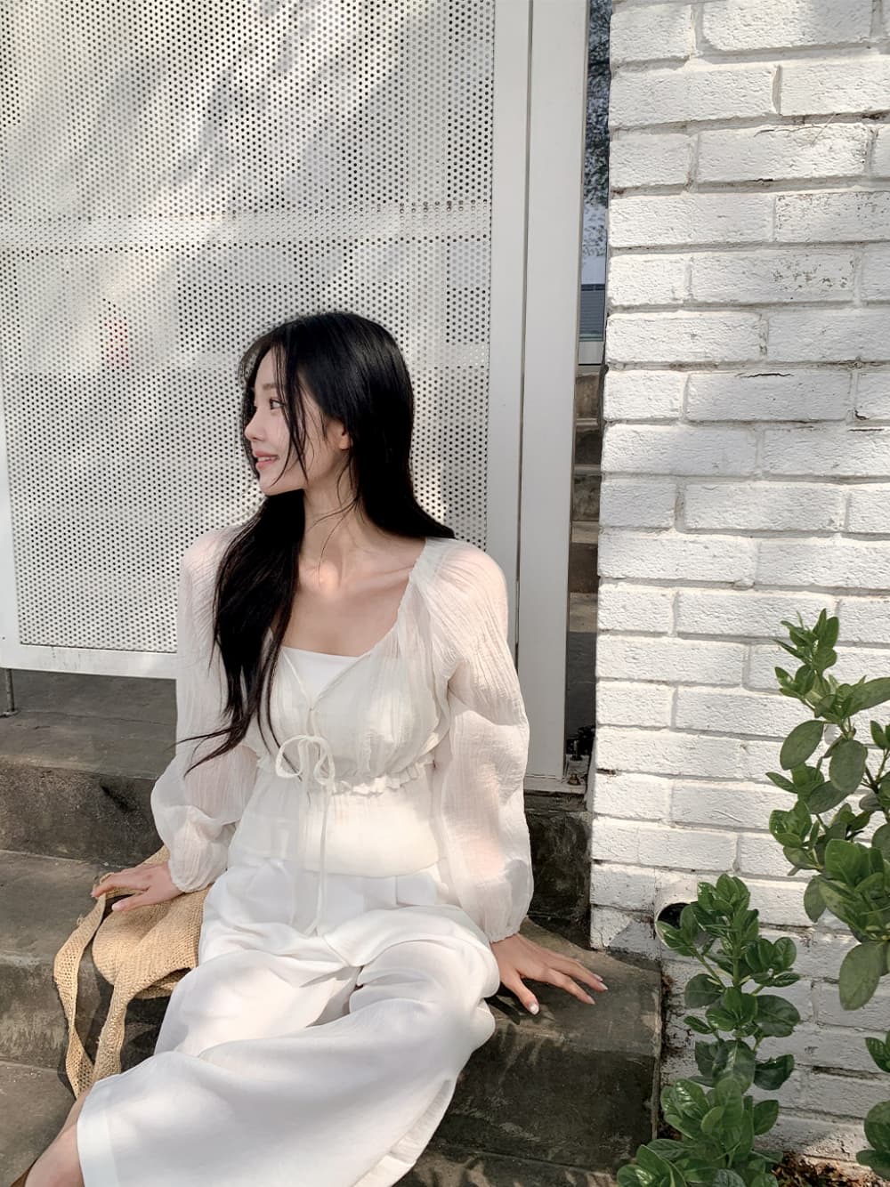 chic 한 부서 프랑스식 부드러운 V넥 달콤함 주름 장식 허리 수축 슬림해 보이는 얇은 스타일 자외선 차단 쉬폰 블라우스 맨위 상세 이미지 17