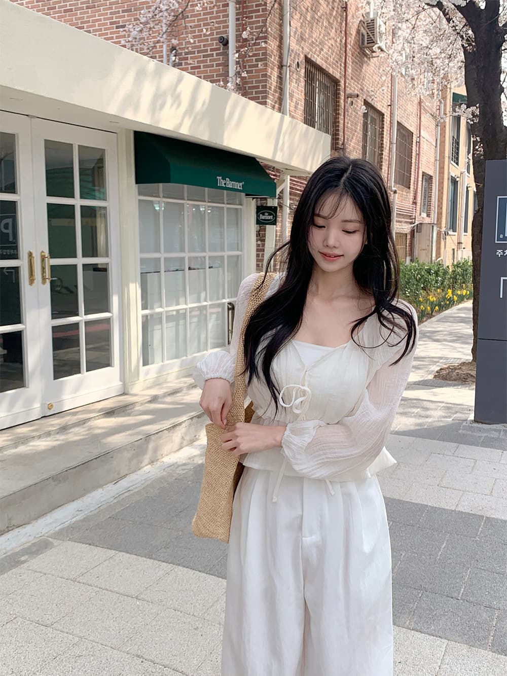 chic 한 부서 프랑스식 부드러운 V넥 달콤함 주름 장식 허리 수축 슬림해 보이는 얇은 스타일 자외선 차단 쉬폰 블라우스 맨위 상세 이미지 19