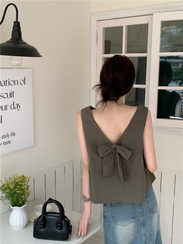chic 한 부서 여름 달콤함 나비 매듭 작은 대중 디자인 센스 둘 착용 루즈핏 다용도 민소매 조끼 맨위 셔츠 상세 이미지 4