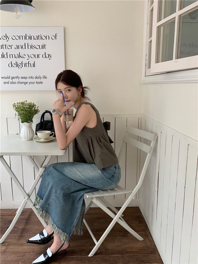 chic 한 부서 여름 달콤함 나비 매듭 작은 대중 디자인 센스 둘 착용 루즈핏 다용도 민소매 조끼 맨위 셔츠 상세 이미지 7