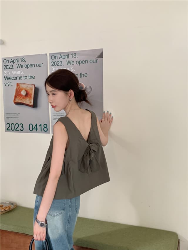 chic 한 부서 여름 달콤함 나비 매듭 작은 대중 디자인 센스 둘 착용 루즈핏 다용도 민소매 조끼 맨위 셔츠 상세 이미지 10