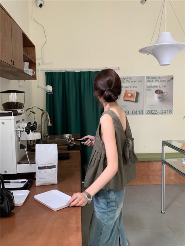 chic 한 부서 여름 달콤함 나비 매듭 작은 대중 디자인 센스 둘 착용 루즈핏 다용도 민소매 조끼 맨위 셔츠 상세 이미지 13