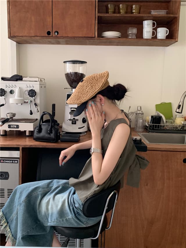 chic 한 부서 여름 달콤함 나비 매듭 작은 대중 디자인 센스 둘 착용 루즈핏 다용도 민소매 조끼 맨위 셔츠 상세 이미지 14