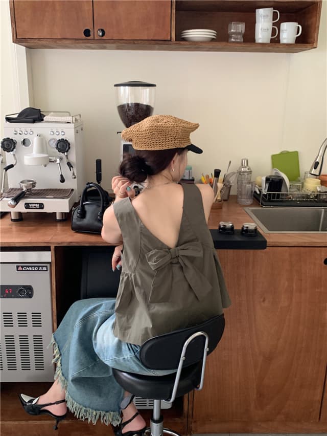chic 한 부서 여름 달콤함 나비 매듭 작은 대중 디자인 센스 둘 착용 루즈핏 다용도 민소매 조끼 맨위 셔츠 상세 이미지 15
