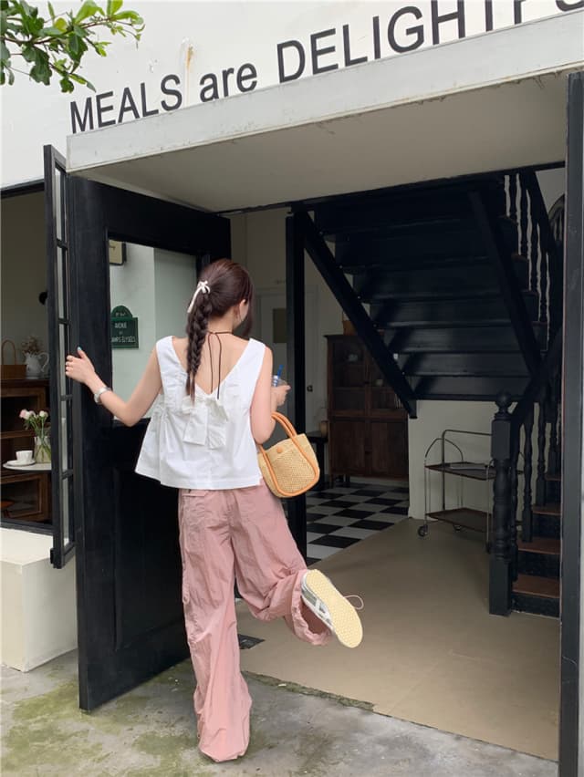 chic 한 부서 여름 달콤함 나비 매듭 작은 대중 디자인 센스 둘 착용 루즈핏 다용도 민소매 조끼 맨위 셔츠 상세 이미지 23