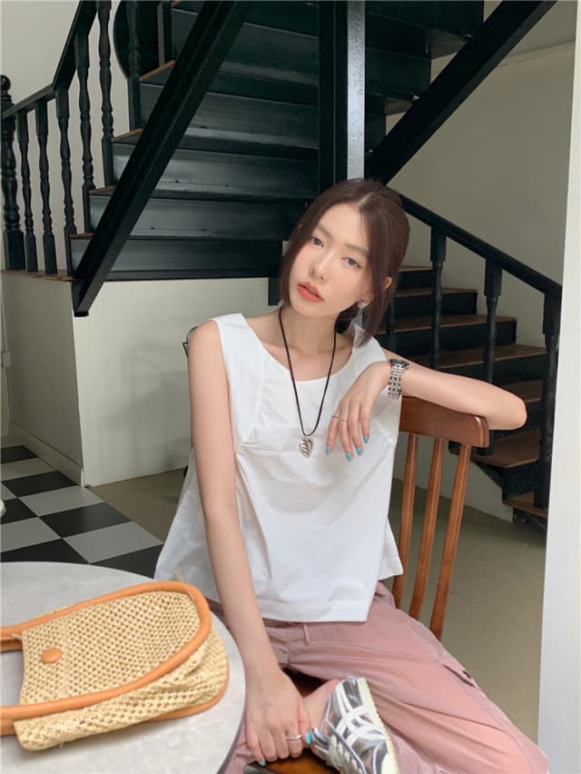 chic 한 부서 여름 달콤함 나비 매듭 작은 대중 디자인 센스 둘 착용 루즈핏 다용도 민소매 조끼 맨위 셔츠 상세 이미지 24