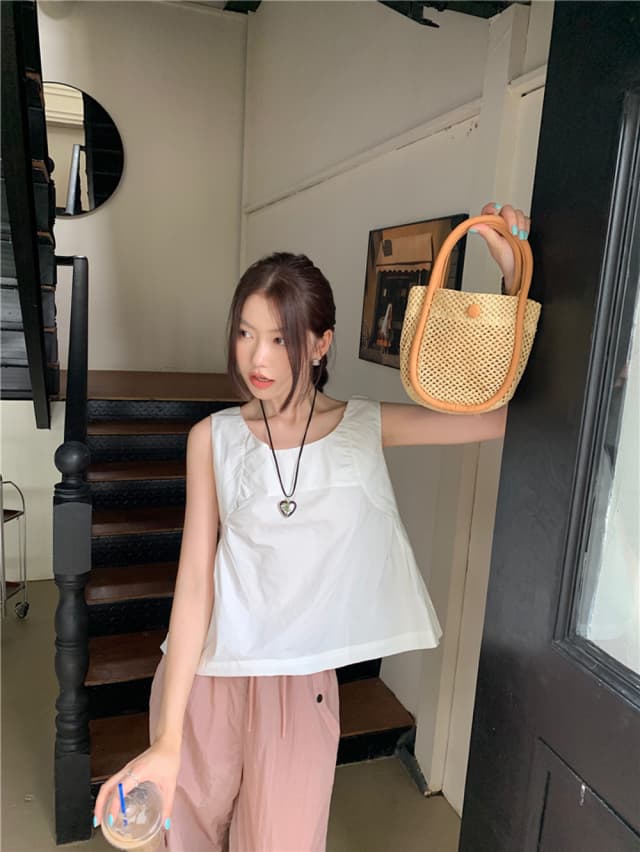 chic 한 부서 여름 달콤함 나비 매듭 작은 대중 디자인 센스 둘 착용 루즈핏 다용도 민소매 조끼 맨위 셔츠 상세 이미지 25