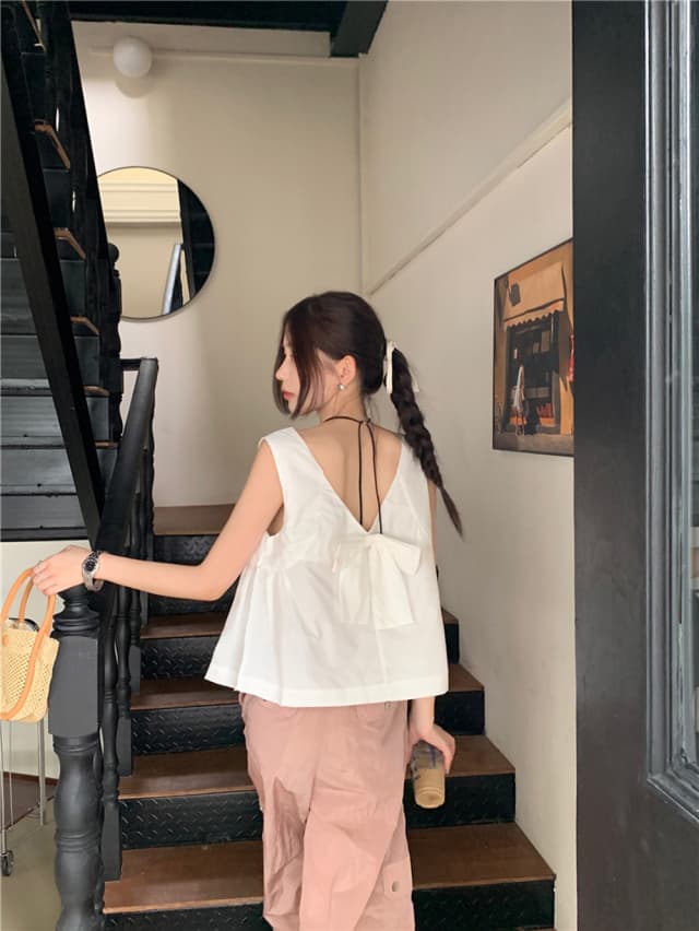 chic 한 부서 여름 달콤함 나비 매듭 작은 대중 디자인 센스 둘 착용 루즈핏 다용도 민소매 조끼 맨위 셔츠 상세 이미지 26