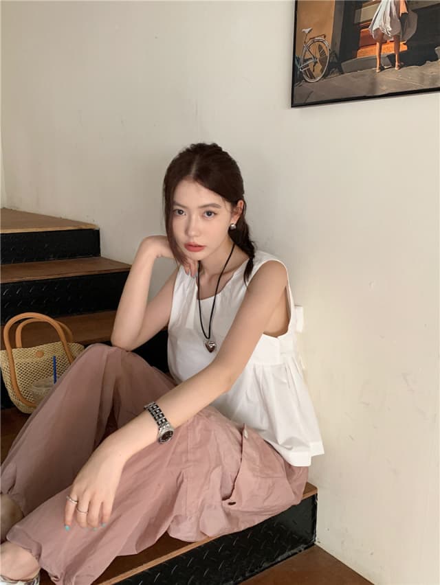 chic 한 부서 여름 달콤함 나비 매듭 작은 대중 디자인 센스 둘 착용 루즈핏 다용도 민소매 조끼 맨위 셔츠 상세 이미지 27