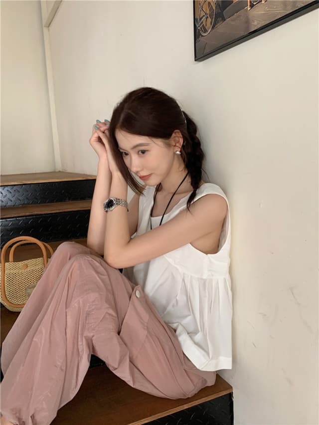 chic 한 부서 여름 달콤함 나비 매듭 작은 대중 디자인 센스 둘 착용 루즈핏 다용도 민소매 조끼 맨위 셔츠 상세 이미지 28