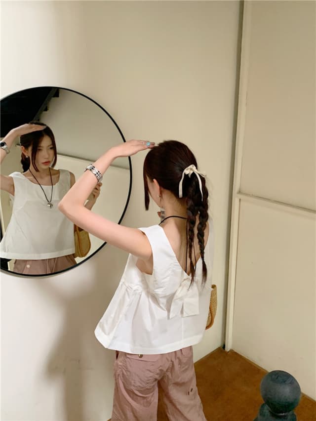 chic 한 부서 여름 달콤함 나비 매듭 작은 대중 디자인 센스 둘 착용 루즈핏 다용도 민소매 조끼 맨위 셔츠 상세 이미지 29