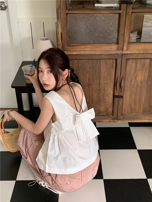 chic 한 부서 여름 달콤함 나비 매듭 작은 대중 디자인 센스 둘 착용 루즈핏 다용도 민소매 조끼 맨위 셔츠 상세 이미지 32