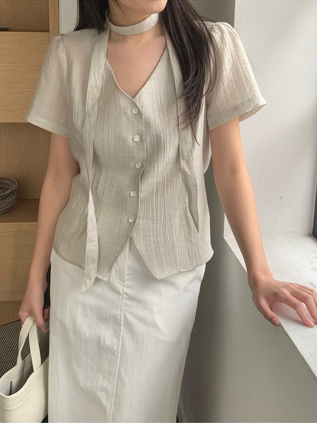 chic 한 부서 여름 프랑스식 부드러운 품격 V넥 리본 허리 수축 미니멀리즘 다용도 셔츠 맨위 이미지 2