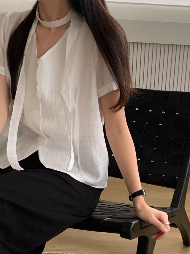 chic 한 부서 여름 프랑스식 부드러운 품격 V넥 리본 허리 수축 미니멀리즘 다용도 셔츠 맨위 상세 이미지 2