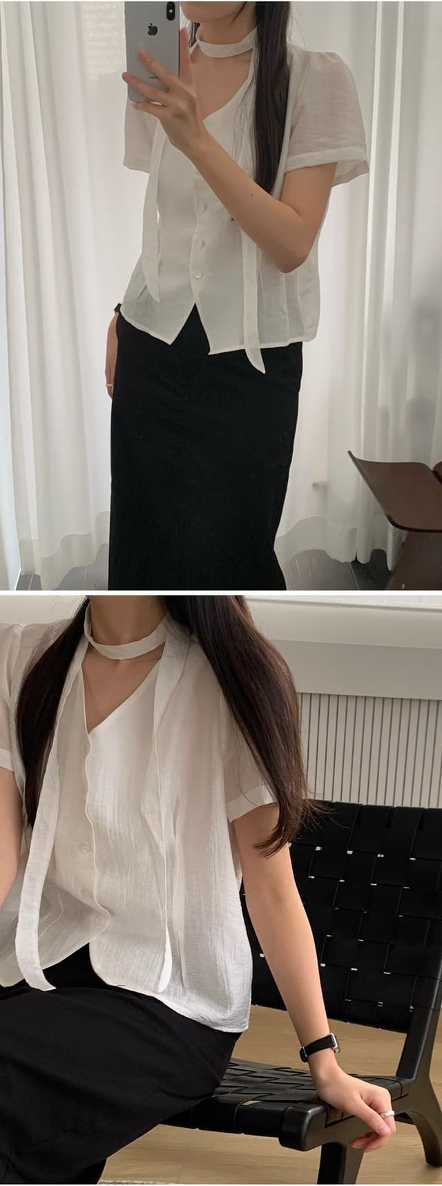 chic 한 부서 여름 프랑스식 부드러운 품격 V넥 리본 허리 수축 미니멀리즘 다용도 셔츠 맨위 상세 이미지 3