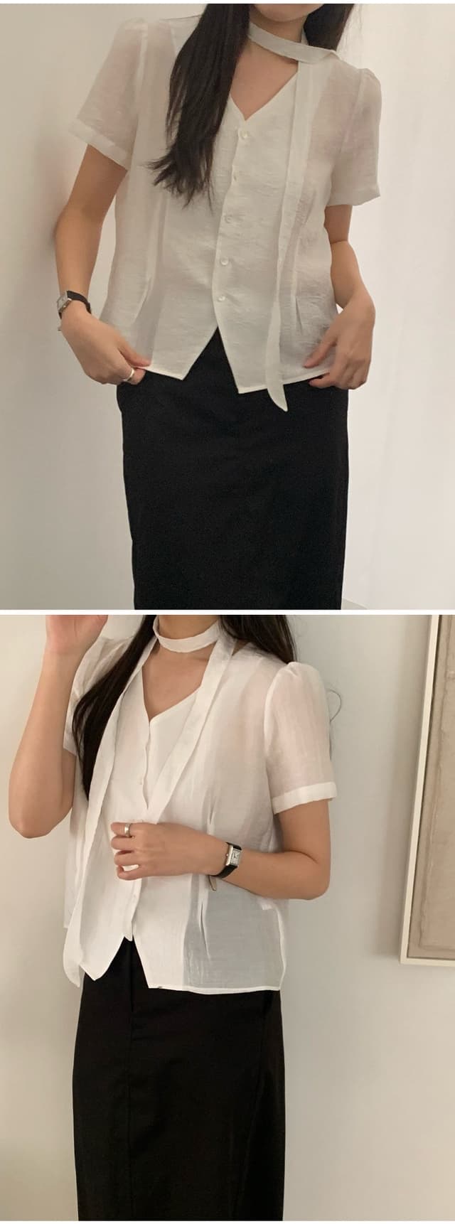 chic 한 부서 여름 프랑스식 부드러운 품격 V넥 리본 허리 수축 미니멀리즘 다용도 셔츠 맨위 상세 이미지 4