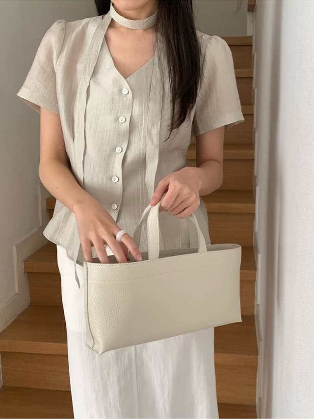 chic 한 부서 여름 프랑스식 부드러운 품격 V넥 리본 허리 수축 미니멀리즘 다용도 셔츠 맨위 상세 이미지 5