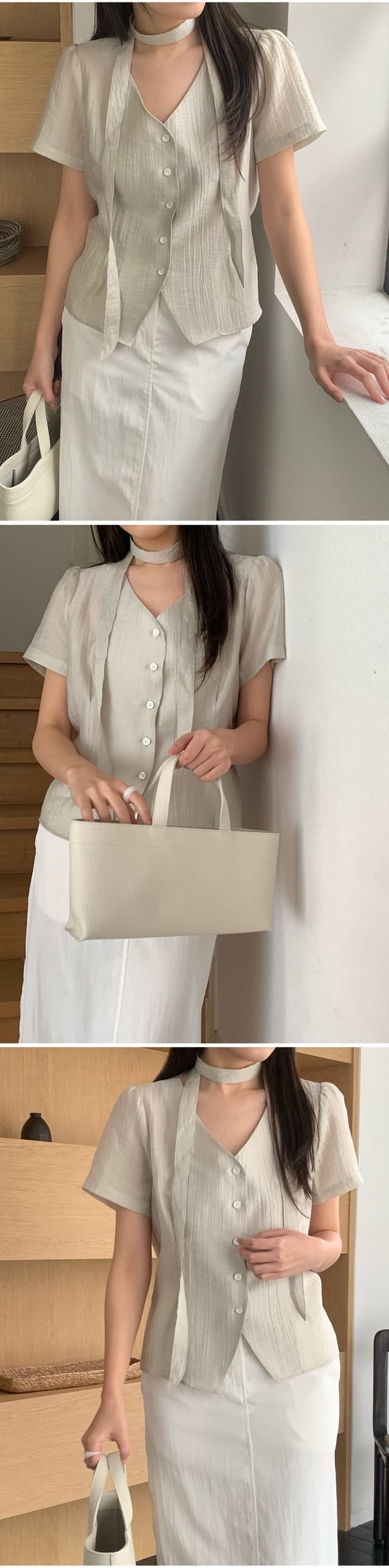 chic 한 부서 여름 프랑스식 부드러운 품격 V넥 리본 허리 수축 미니멀리즘 다용도 셔츠 맨위 상세 이미지 9