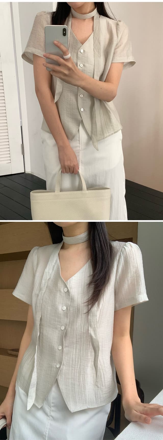 chic 한 부서 여름 프랑스식 부드러운 품격 V넥 리본 허리 수축 미니멀리즘 다용도 셔츠 맨위 상세 이미지 10