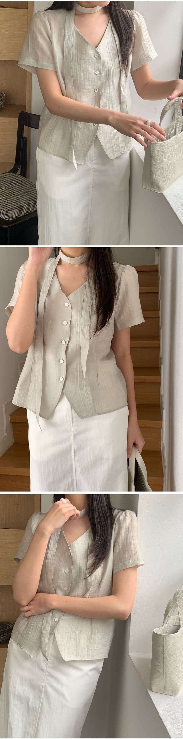 chic 한 부서 여름 프랑스식 부드러운 품격 V넥 리본 허리 수축 미니멀리즘 다용도 셔츠 맨위 상세 이미지 11