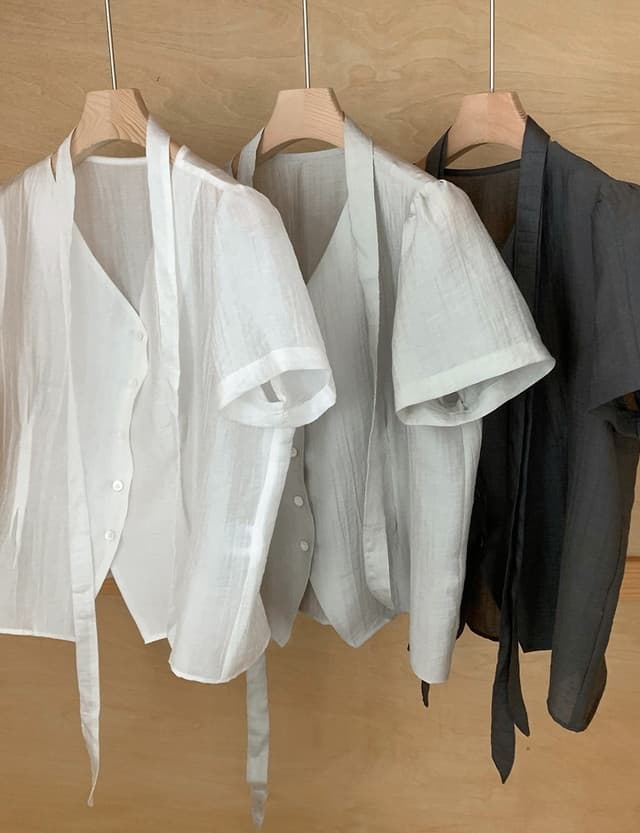 chic 한 부서 여름 프랑스식 부드러운 품격 V넥 리본 허리 수축 미니멀리즘 다용도 셔츠 맨위 상세 이미지 16