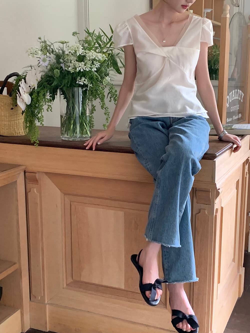 chic 한 부서 여름 달콤함 작은 대중 디자인 센스 프랑스식 V넥 이중층 Chic 거품 소매 쉬폰 블라우스 맨위 상세 이미지 1