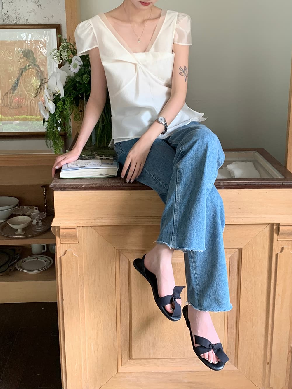 chic 한 부서 여름 달콤함 작은 대중 디자인 센스 프랑스식 V넥 이중층 Chic 거품 소매 쉬폰 블라우스 맨위 상세 이미지 3