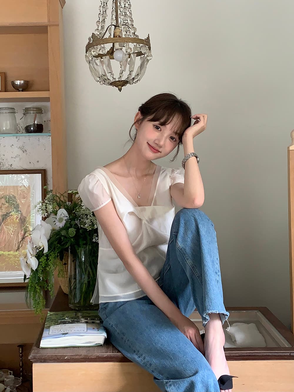 chic 한 부서 여름 달콤함 작은 대중 디자인 센스 프랑스식 V넥 이중층 Chic 거품 소매 쉬폰 블라우스 맨위 상세 이미지 4