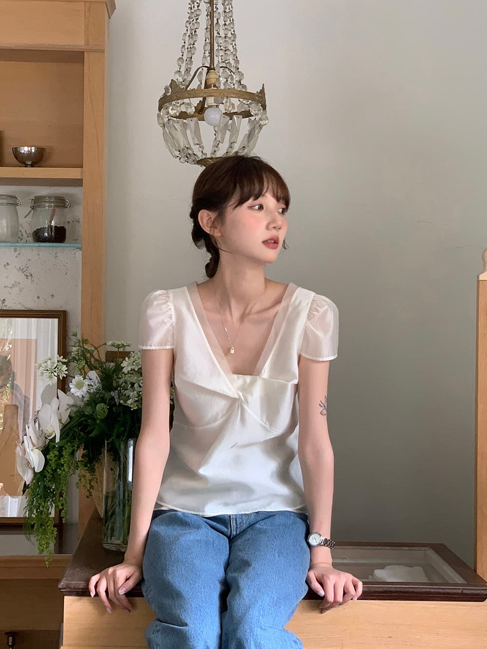 chic 한 부서 여름 달콤함 작은 대중 디자인 센스 프랑스식 V넥 이중층 Chic 거품 소매 쉬폰 블라우스 맨위 상세 이미지 6