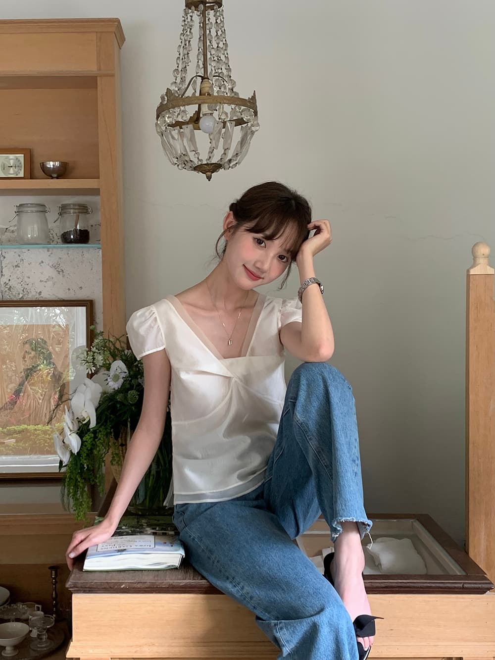 chic 한 부서 여름 달콤함 작은 대중 디자인 센스 프랑스식 V넥 이중층 Chic 거품 소매 쉬폰 블라우스 맨위 상세 이미지 8