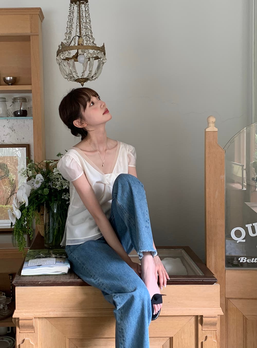 chic 한 부서 여름 달콤함 작은 대중 디자인 센스 프랑스식 V넥 이중층 Chic 거품 소매 쉬폰 블라우스 맨위 상세 이미지 9