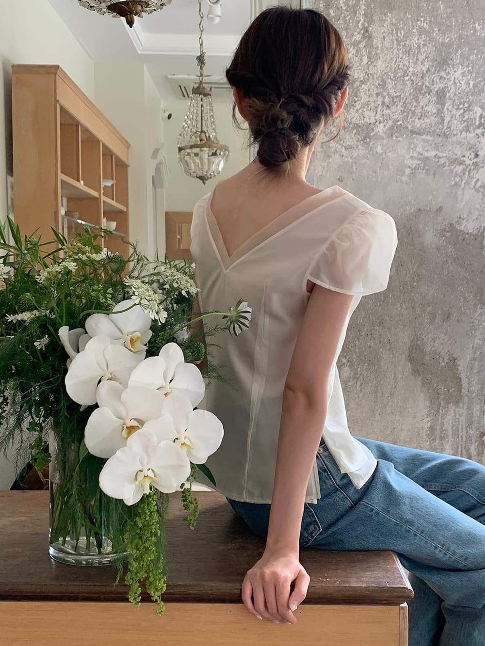 chic 한 부서 여름 달콤함 작은 대중 디자인 센스 프랑스식 V넥 이중층 Chic 거품 소매 쉬폰 블라우스 맨위 상세 이미지 12