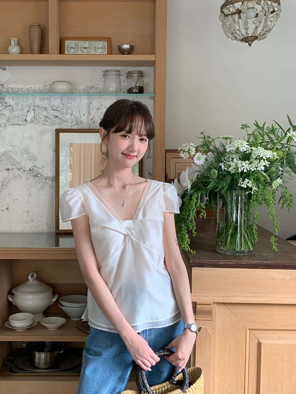 chic 한 부서 여름 달콤함 작은 대중 디자인 센스 프랑스식 V넥 이중층 Chic 거품 소매 쉬폰 블라우스 맨위 상세 이미지 13