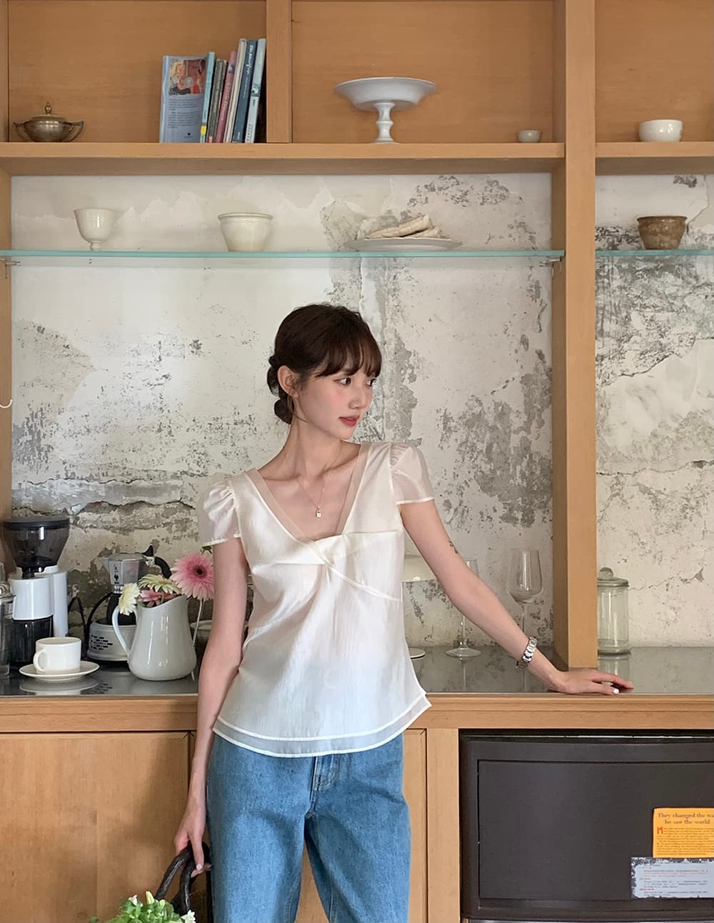 chic 한 부서 여름 달콤함 작은 대중 디자인 센스 프랑스식 V넥 이중층 Chic 거품 소매 쉬폰 블라우스 맨위 상세 이미지 14