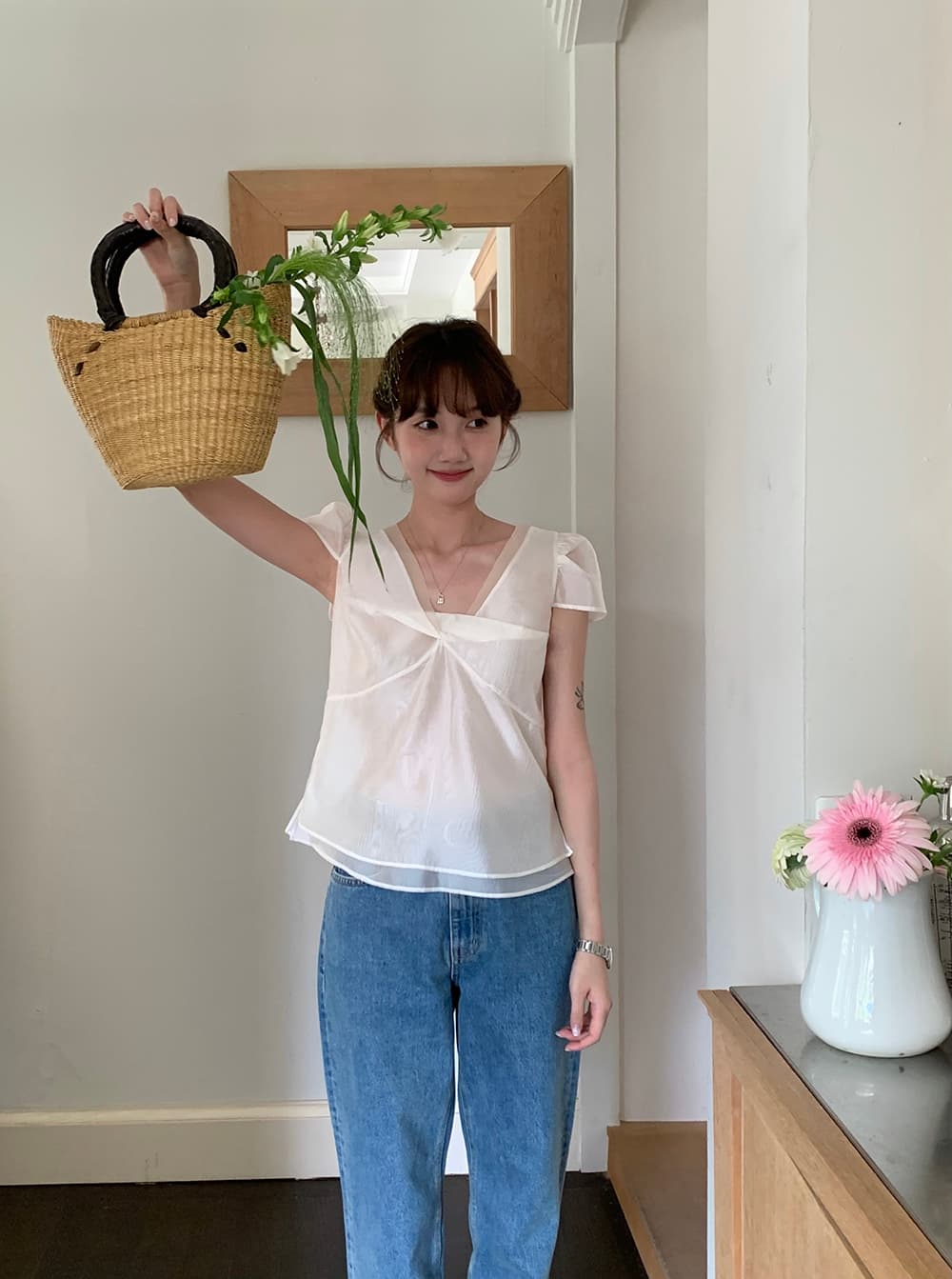 chic 한 부서 여름 달콤함 작은 대중 디자인 센스 프랑스식 V넥 이중층 Chic 거품 소매 쉬폰 블라우스 맨위 상세 이미지 16