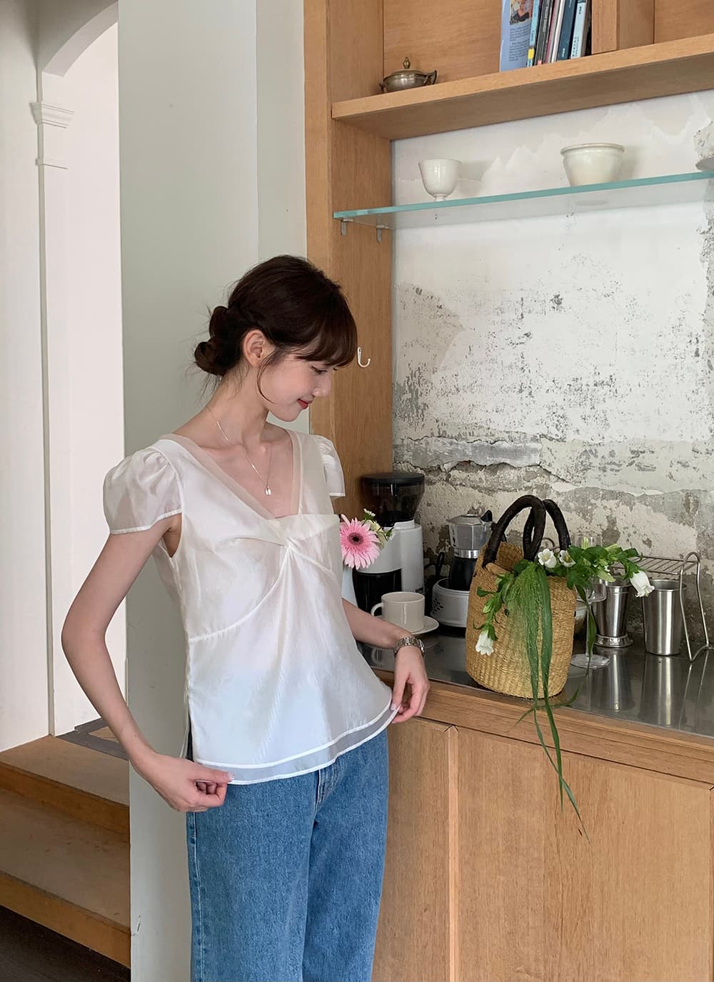 chic 한 부서 여름 달콤함 작은 대중 디자인 센스 프랑스식 V넥 이중층 Chic 거품 소매 쉬폰 블라우스 맨위 상세 이미지 17
