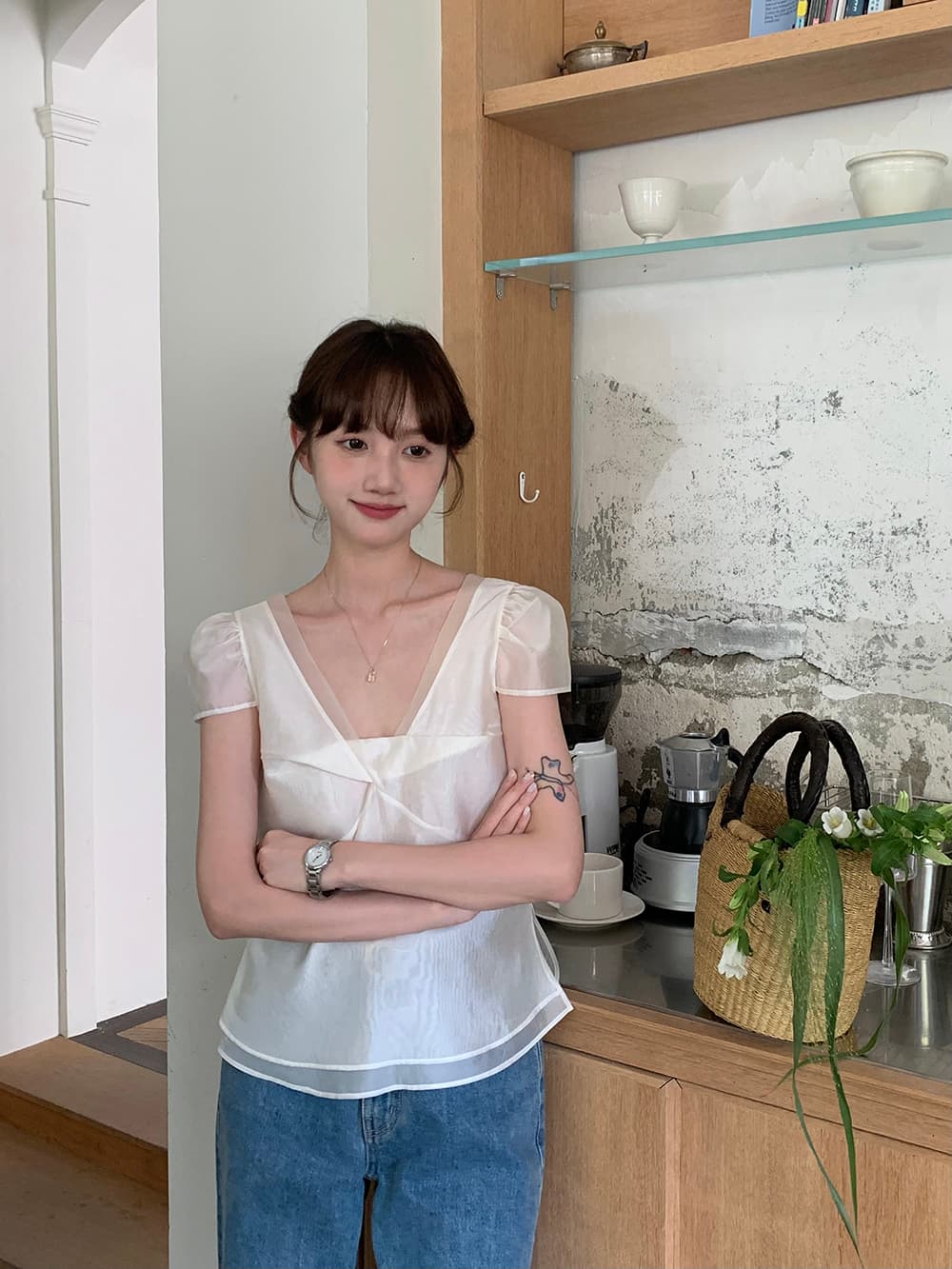 chic 한 부서 여름 달콤함 작은 대중 디자인 센스 프랑스식 V넥 이중층 Chic 거품 소매 쉬폰 블라우스 맨위 상세 이미지 18