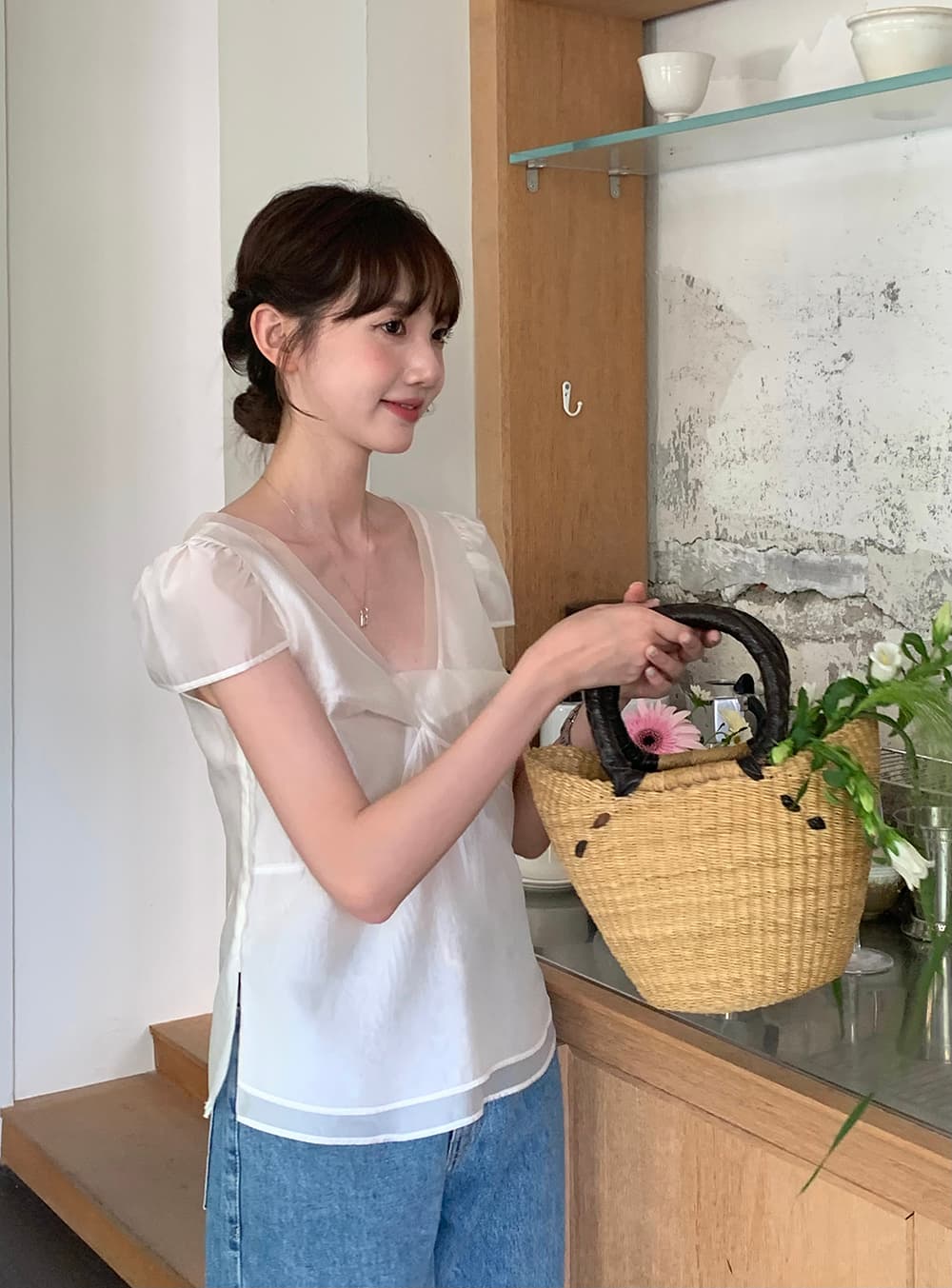 chic 한 부서 여름 달콤함 작은 대중 디자인 센스 프랑스식 V넥 이중층 Chic 거품 소매 쉬폰 블라우스 맨위 상세 이미지 22