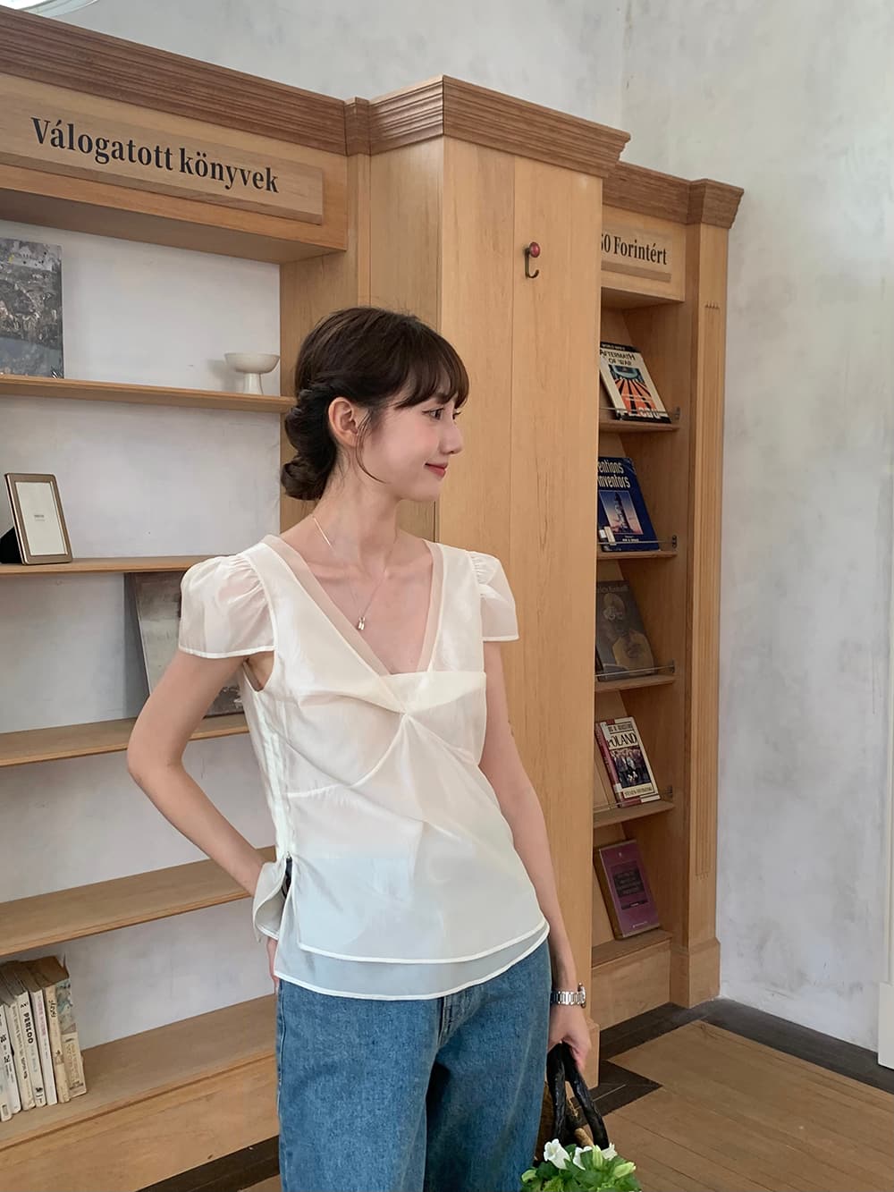 chic 한 부서 여름 달콤함 작은 대중 디자인 센스 프랑스식 V넥 이중층 Chic 거품 소매 쉬폰 블라우스 맨위 상세 이미지 24