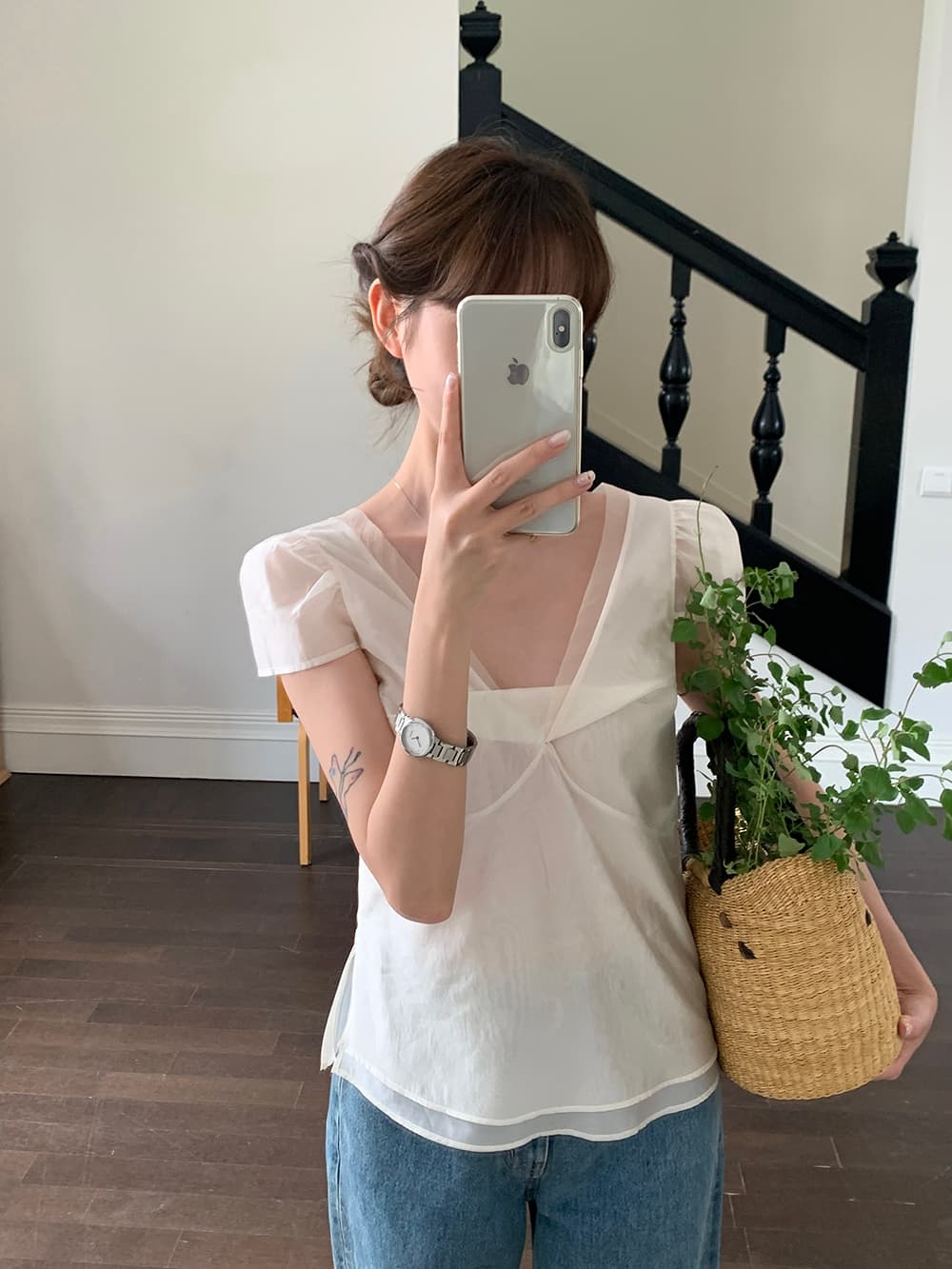 chic 한 부서 여름 달콤함 작은 대중 디자인 센스 프랑스식 V넥 이중층 Chic 거품 소매 쉬폰 블라우스 맨위 상세 이미지 29