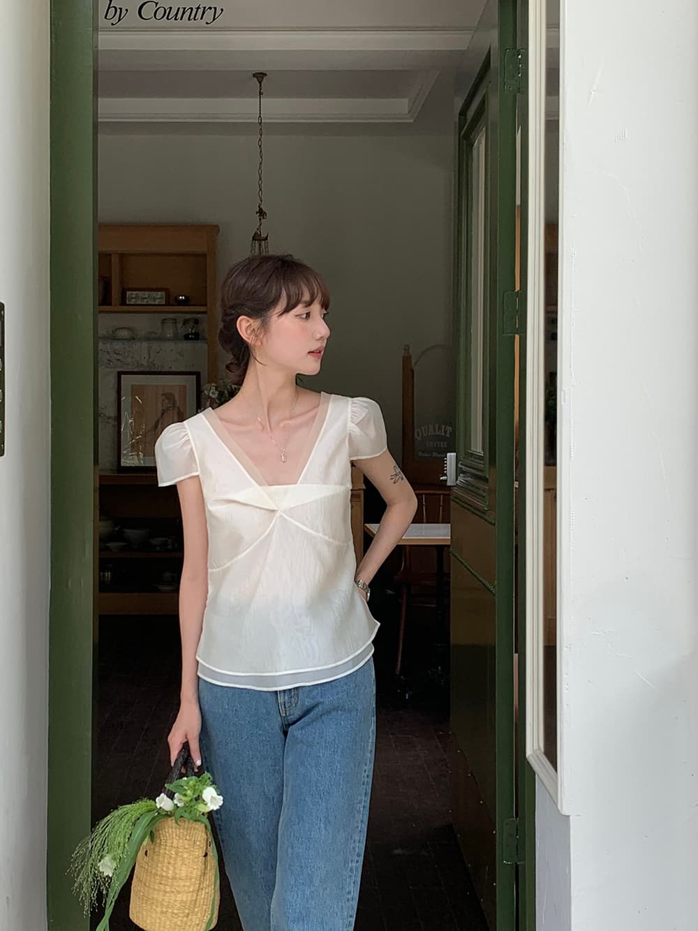 chic 한 부서 여름 달콤함 작은 대중 디자인 센스 프랑스식 V넥 이중층 Chic 거품 소매 쉬폰 블라우스 맨위 상세 이미지 31