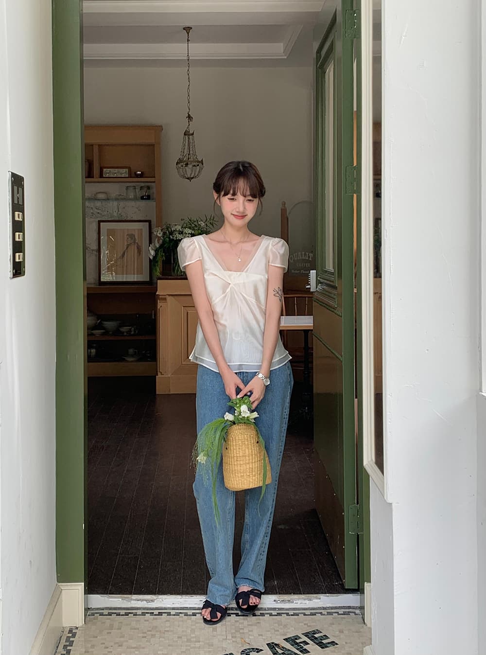 chic 한 부서 여름 달콤함 작은 대중 디자인 센스 프랑스식 V넥 이중층 Chic 거품 소매 쉬폰 블라우스 맨위 상세 이미지 32