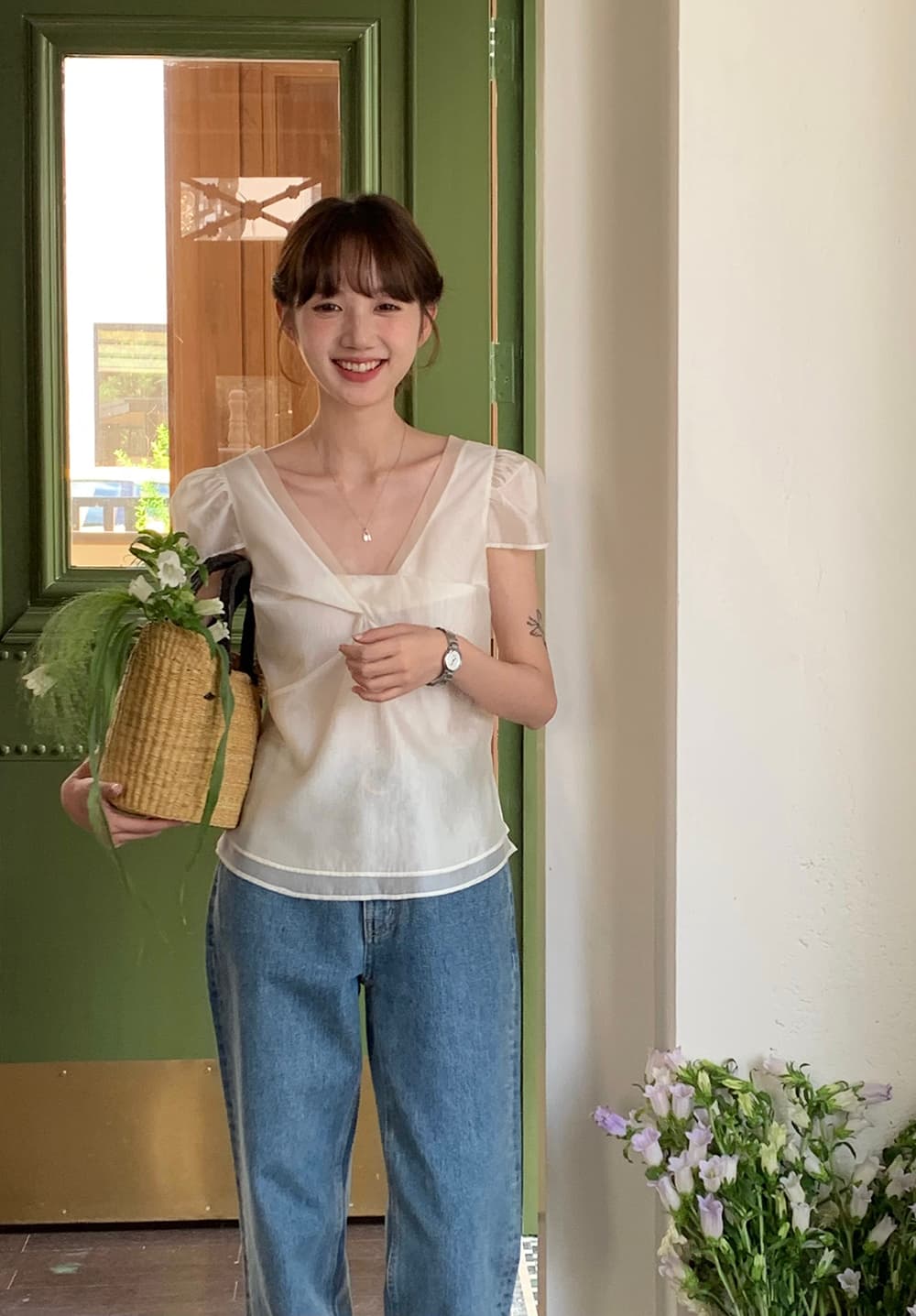 chic 한 부서 여름 달콤함 작은 대중 디자인 센스 프랑스식 V넥 이중층 Chic 거품 소매 쉬폰 블라우스 맨위 상세 이미지 33