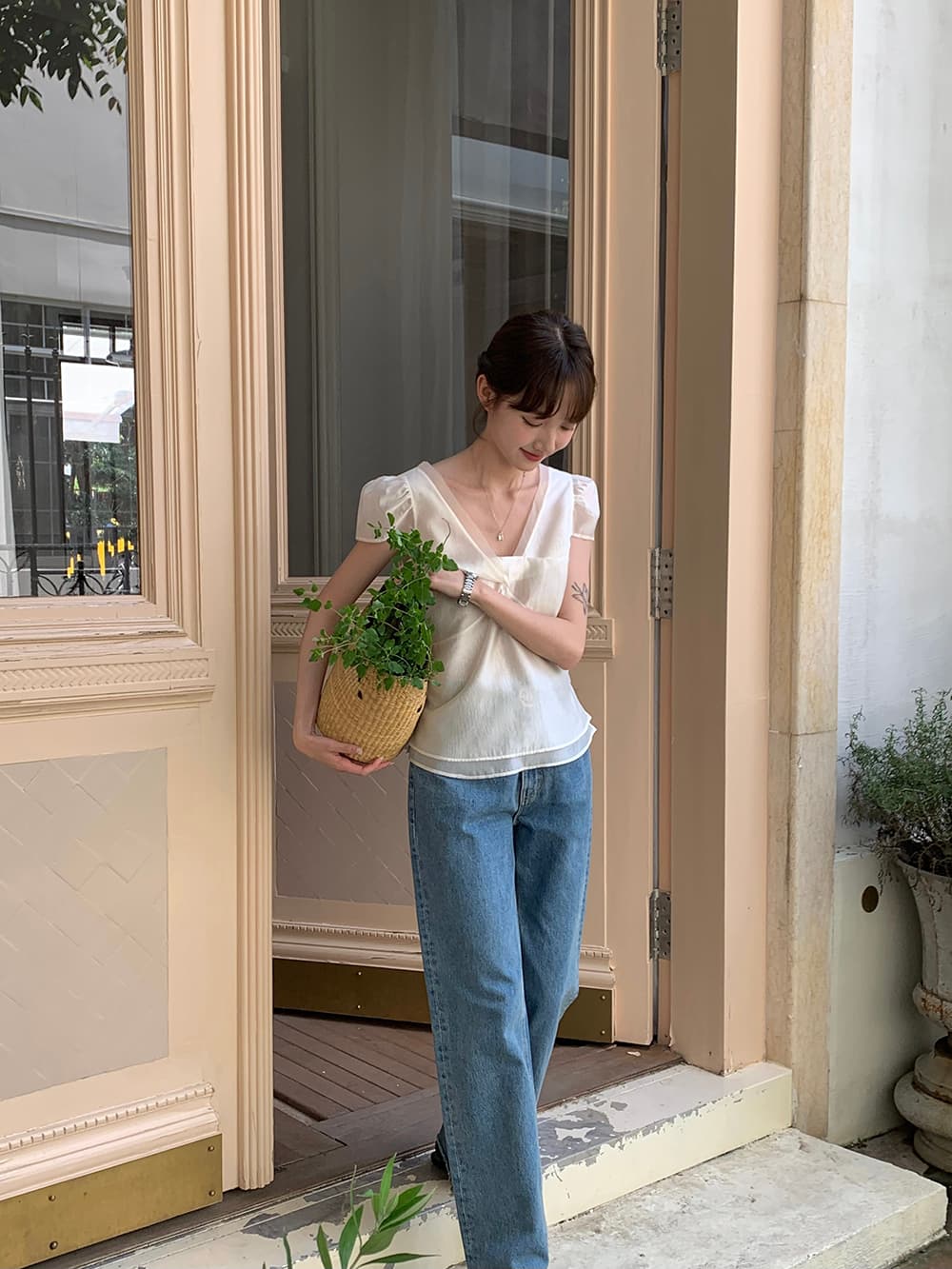 chic 한 부서 여름 달콤함 작은 대중 디자인 센스 프랑스식 V넥 이중층 Chic 거품 소매 쉬폰 블라우스 맨위 상세 이미지 38