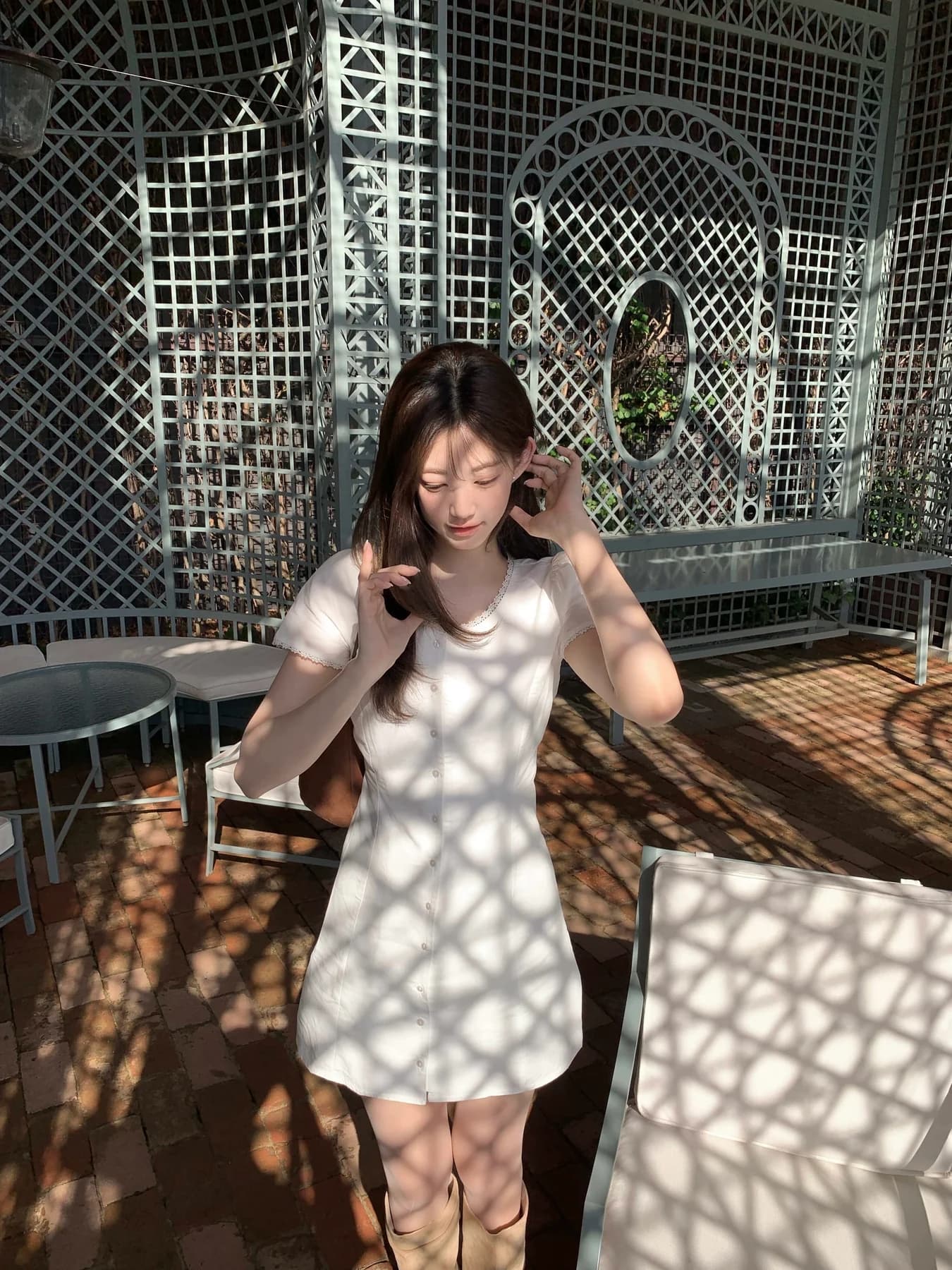 chic 한국 여름 새로운 레트로 품격 달콤함 레이스 레이스 반팔 싱글 줄 버튼 한 마디 드레스 상세 이미지 19