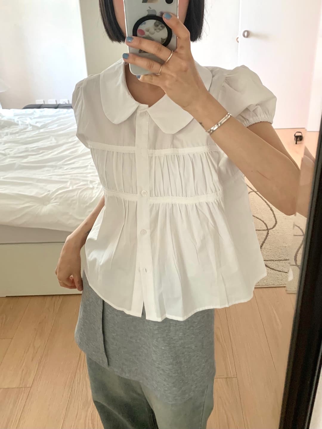 chic 한 부서 여름 달콤함 연령 감소 베이비 칼라 레이스 레이스 주름 장식 싱글 줄 버튼 거품 소매 셔츠 맨위 이미지 3