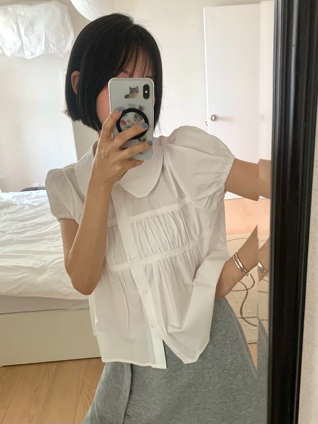 chic 한 부서 여름 달콤함 연령 감소 베이비 칼라 레이스 레이스 주름 장식 싱글 줄 버튼 거품 소매 셔츠 맨위 상세 이미지 13